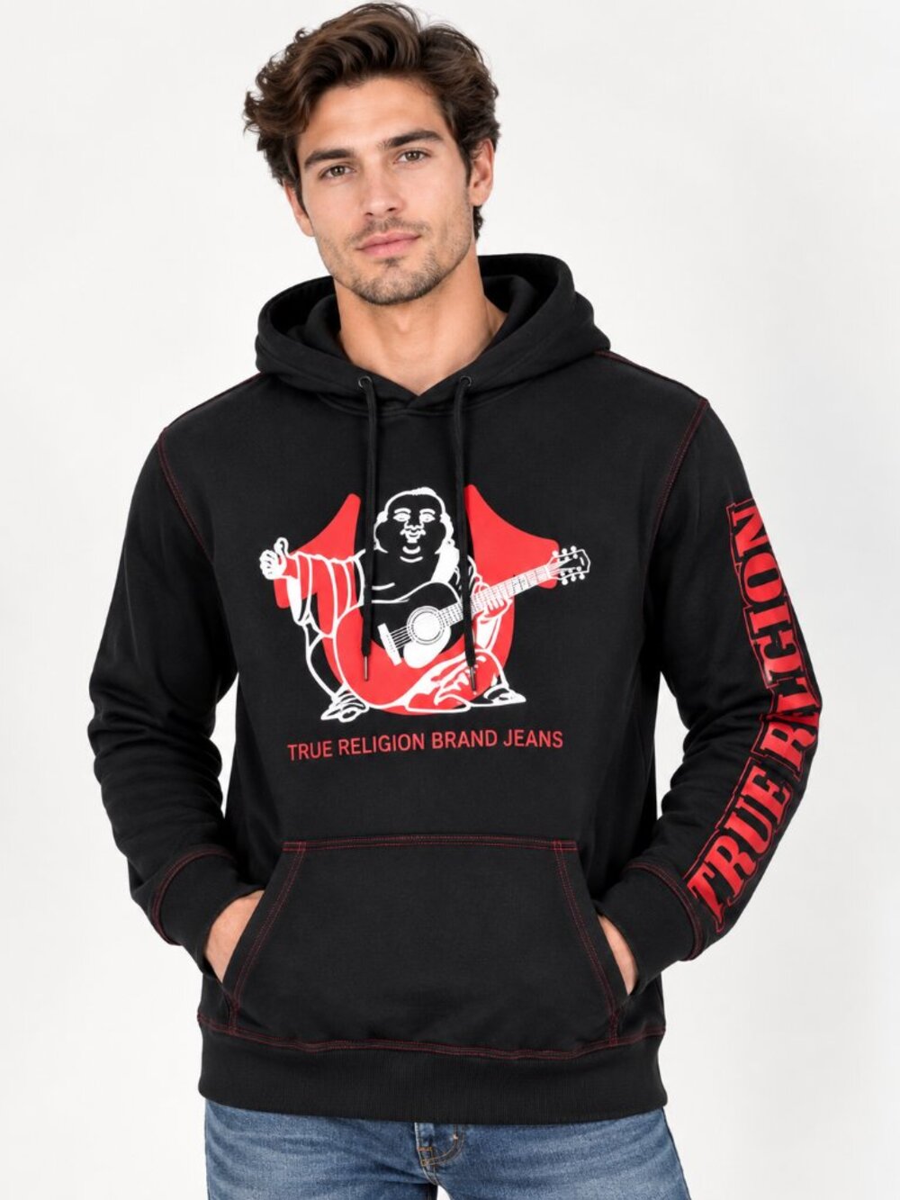 True Religion Men’s M Black Buddha Graphic Pullover Hoodie Red Logo